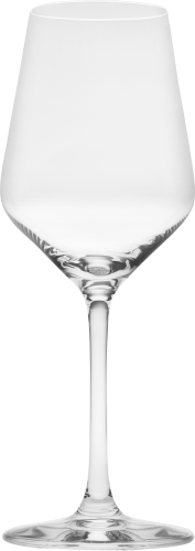 Ein elegantes Weinglas mit einem schlanken, hohen Stiel und einer leicht bauchigen, klaren Glaskelchform.