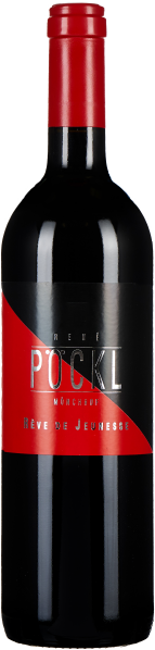 Die Weinflasche hat ein elegantes Design mit einem glänzenden schwarzen Etikett und einem auffälligen roten diagonalen Streifen. Der Flaschenhals ist mit einer roten Kapsel verschlossen, die ein harmonisches Gesamtbild schafft.