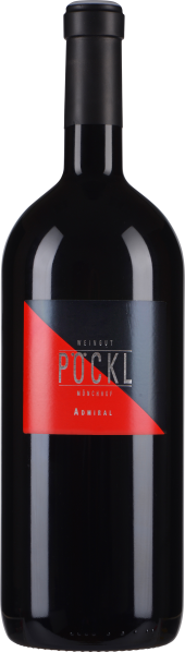 Eine schlanke Weinflasche mit einem modernen, schwarz-roten Etikett, die einen hochwertigen Eindruck vermittelt.