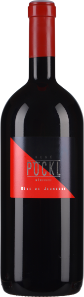 Die Weinflasche hat eine breite, bauchige Form mit einem dunklen, fast schwarzen Glas. Sie ist mit einem leuchtend roten Etikett und passendem rotem Schraubverschluss ausgestattet.