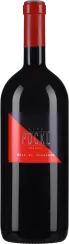 Die Weinflasche hat eine breite, bauchige Form mit einem dunklen, fast schwarzen Glas. Sie ist mit einem leuchtend roten Etikett und passendem rotem Schraubverschluss ausgestattet.