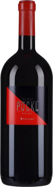 Dunkle Weinflasche mit schwarzem Etikett und rotem diagonalen Akzent, roter Kapselverschluss.