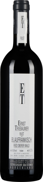 Dunkle, kräftige Weinflasche mit breitem Hals und schlichtem, eleganten Etikett in Weiß- und Schwarztönen.