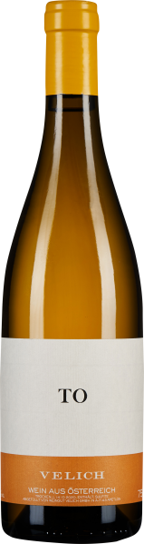 Eine Weinflasche mit gelb-orangefarbenem Etikett und gelbem Schraubverschluss. Das Etikett ist schlicht und minimalistisch gestaltet.