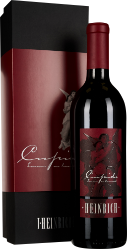 Weinflasche mit rotem Etikett und passender Geschenkverpackung. Die Flasche hat einen roten Verschluss, und das Etikett zeigt ein künstlerisches Motiv in Rot- und Schwarztönen. Die Verpackung spiegelt das Design der Flasche wider.