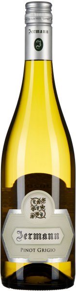 Weinflasche mit klarem, gelben Weißwein, silbernem Schraubverschluss und dekorativem Etikett mit floralen Elementen.