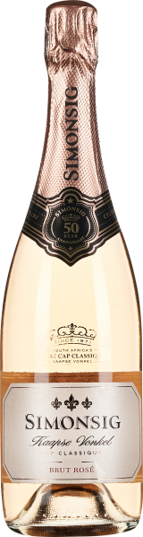 Flasche mit roséfarbenem Schaumwein, edles Design mit goldenen und schwarzen Akzenten auf dem Etikett und der Folienverpackung des Flaschenhalses.