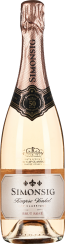 Flasche mit roséfarbenem Schaumwein, edles Design mit goldenen und schwarzen Akzenten auf dem Etikett und der Folienverpackung des Flaschenhalses.