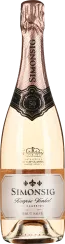 Flasche mit roséfarbenem Schaumwein, edles Design mit goldenen und schwarzen Akzenten auf dem Etikett und der Folienverpackung des Flaschenhalses.