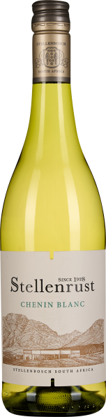 Die Flasche zeigt einen Stellenrust Chenin Blanc Wein mit einem hellgrünen Glas und einem metallischen Schraubverschluss. Das Etikett ist in Weiß gehalten und zeigt eine skizzierte Landschaft mit Bergen und Gebäuden in Braun.