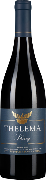 Dunkle Weinflasche mit blau-goldenem Etikett und einem goldenen Adler-Motiv. Der Flaschenhals ist ebenfalls dunkelblau mit einem goldenen Ring.