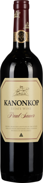 Eine elegante Weinflasche mit einem tiefroten Etikett und goldenem Emblem, gekrönt von einem dunkelroten Verschluss.