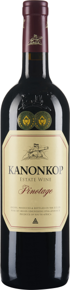 Dunkle Weinflasche mit einem burgunderroten Hals und goldenen Details auf dem Etikett. Das Etikett zeigt ein klassisches Design mit einem typischen Kanonenlogo, umrahmt von einem elfenbeinfarbenen Hintergrund.