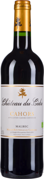 Dunkelrote Weinflasche mit goldener Kapsel, schlichtem Etikett in Weiß und schwarzer Schrift, verziert mit einem stilisierten Baumemblem.