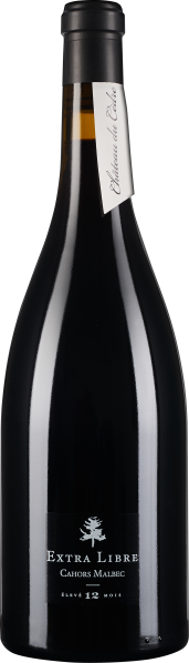 Dunkle Weinflasche mit schlanker Form, schwarzem Etikett und silberner Schrift. Elegantes Design mit schmalem, schwarzem Hals und einem kleinen, weißen Halsanhänger.