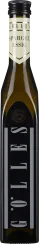Braune Essigflasche mit schwarzem Etikett und markantem Schriftzug, helle Kappe.