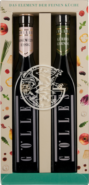 Zwei schwarze Flaschen in einer dekorativen Verpackung mit naturbunten Abbildungen von Lebensmitteln. Links Roséweinessig, rechts Kürbiskernöl, beide mit elegantem Etikett und durch eine cremefarbene Trennwand geteilt. Vorderseite mit stilisiertem Drachen