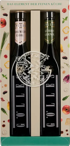 Zwei schwarze Flaschen in einer dekorativen Verpackung mit naturbunten Abbildungen von Lebensmitteln. Links Roséweinessig, rechts Kürbiskernöl, beide mit elegantem Etikett und durch eine cremefarbene Trennwand geteilt. Vorderseite mit stilisiertem Drachen