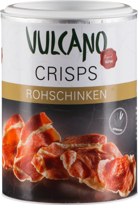 Eine zylindrische Dose mit weißem Deckel, die knusprige Schinkenchips zeigt. Das Design umfasst ein modernes Etikett in Weiß, Schwarz und Gold, mit einem Bild von knusprig aussehenden Rohschinkenscheiben auf der Vorderseite.