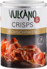 Eine zylindrische Dose mit weißem Deckel, die knusprige Schinkenchips zeigt. Das Design umfasst ein modernes Etikett in Weiß, Schwarz und Gold, mit einem Bild von knusprig aussehenden Rohschinkenscheiben auf der Vorderseite.