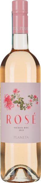 Roséweinflasche mit zartrosa Etikett und floralen Verzierungen.