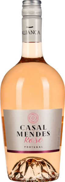 Flasche Roséwein mit elegantem silbernem Etikett und Schraubverschluss. Der Wein hat eine zarte, lachsfarbene Tönung.