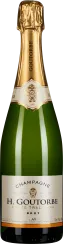 Grüne Champagnerflasche mit glänzendem goldenen Folienverschluss und elegantem Etikett in Creme und Schwarz, auf dem stilvoller Schriftzug und Emblem zu sehen sind.