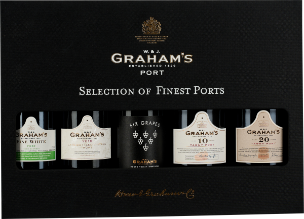 Verpackung mit fünf Portweinflaschen von Graham's, edles schwarzes Design mit goldener und weißer Schrift; Flaschen unterschiedlicher Jahrgänge und Sorten sichtbar durch rechteckiges Sichtfenster.