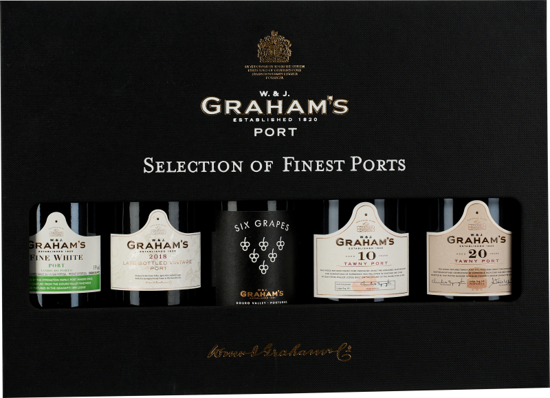 Verpackung mit fünf Portweinflaschen von Graham's, edles schwarzes Design mit goldener und weißer Schrift; Flaschen unterschiedlicher Jahrgänge und Sorten sichtbar durch rechteckiges Sichtfenster.