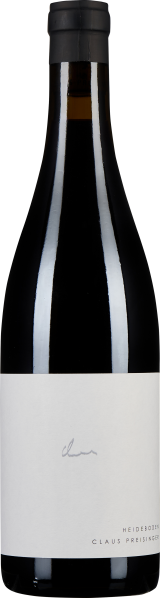 Eine schlanke Weinflasche mit einem dunklen, fast schwarzen Körper und einem minimalistischen weißen Etikett. Der Verschluss ist in einem tiefen Schwarz gehalten.