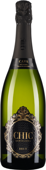 Grüne Sektflasche mit schwarzem Etikett, verziert mit goldenen Ornamenten und Schriftzügen, sowie einer schwarzen Folie und einem elegant gestalteten Flaschenhals.