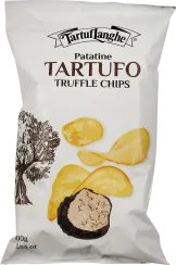 Weiße Chipstüte mit stilisiertem Baum, gelben Kartoffelchips und einer Trüffelabbildung.