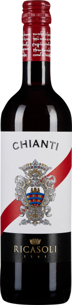 Eine Flasche Chianti-Wein mit rotem Schraubverschluss und elegantem Etikett. Das Etikett zeigt ein kunstvolles Wappen und eine diagonale rote Linie vor weißem Hintergrund. Darunter ein schwarzer Streifen mit goldener Schrift.