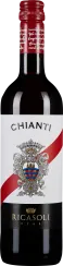Eine Flasche Chianti-Wein mit rotem Schraubverschluss und elegantem Etikett. Das Etikett zeigt ein kunstvolles Wappen und eine diagonale rote Linie vor weißem Hintergrund. Darunter ein schwarzer Streifen mit goldener Schrift.