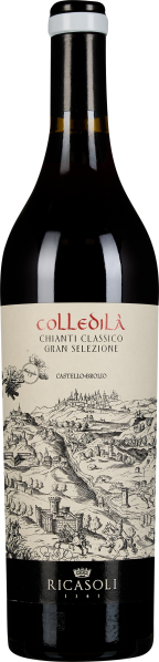 Dunkle Weinflasche mit elegantem Etikett, das eine detaillierte, historische Landschaftszeichnung zeigt. Der Schriftzug ist in roter und schwarzer Schrift, auf cremefarbenem Hintergrund platziert. Oben ein weißer Flaschenverschluss.