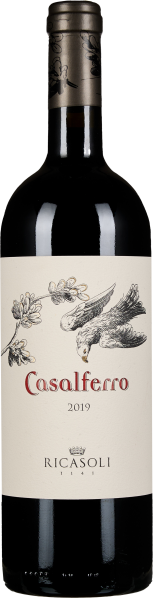 Schlichte Weinflasche mit einem detaillierten Vogel- und Pflanzen-Design auf dem Etikett.