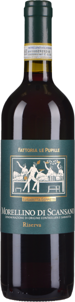 Flasche mit dunkelrotem Wein, grünes Etikett mit klassischer Grafik und goldenen Akzenten, dunkelgrüner Flaschenhals.