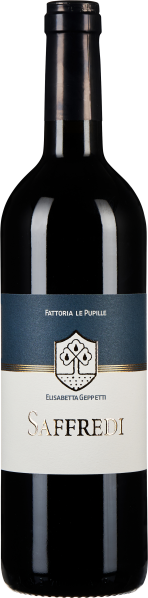 Eine elegante Weinflasche mit einem dunkelblauen und weißen Etikett. Die Flasche hat einen tiefen, glänzenden Glanz und der Name "Saffredi" ist prominent in goldener Schrift abgebildet.