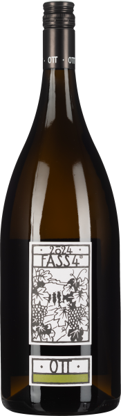 Große, dunkle Weinflasche mit schwarzem Schraubverschluss. Das Etikett zeigt ein stilisiertes Trauben- und Weinlaubmotiv in Schwarz-Weiß mit grünen Akzenten.