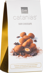 Weiße Verpackung mit goldener Seite, zeigt Schoko-Mandeln und Kakaostücke.