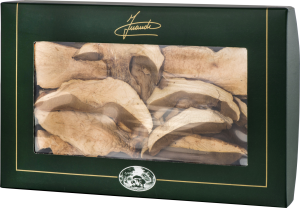 Dünne, getrocknete Pilzscheiben in einer dunkelgrünen Verpackung mit Sichtfenster.