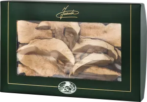 Dünne, getrocknete Pilzscheiben in einer dunkelgrünen Verpackung mit Sichtfenster.