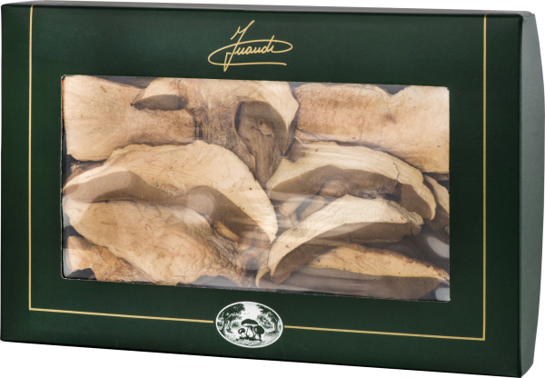 Dünne, getrocknete Pilzscheiben in einer dunkelgrünen Verpackung mit Sichtfenster.