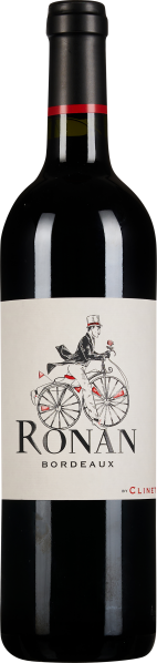 Dunkle Weinflasche mit schwarzem Verschluss und breitem, weißem Etikett. Das Etikett zeigt eine stilisierte Illustration eines Mannes auf einem Hochrad.