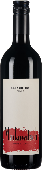 Eine dunkle Weinflasche mit schwarzem Schraubverschluss und einem cremefarbenen Etikett, das am unteren Rand einen roten Streifen aufweist.