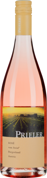 Roséweinflasche mit hellem Schraubverschluss und Landschaftsbild auf dem Etikett.