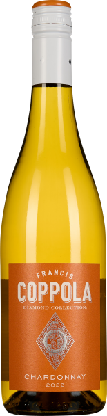 Die Weinflasche zeigt einen klaren, goldgelben Chardonnay in einer traditionellen Form. Sie hat ein weißes Etikett mit einem auffälligen, orangen Hintergrund, und einen metallischen Verschluss.