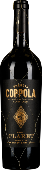 Dunkle Flasche mit einem eleganten schwarzen Etikett und goldener Schrift. Ein goldenes Netz umhüllt die Flasche, was ihr ein luxuriöses und ansprechendes Aussehen verleiht.