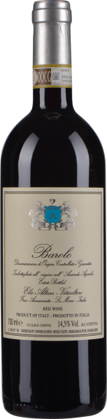 Das Bild zeigt eine Weinflasche mit dunkelrotem Wein, einer metallischen Kapsel am Flaschenhals und einem Etikett in Beige mit blauem Wappen.