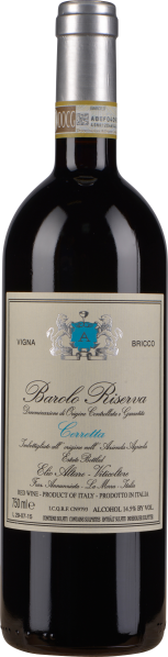 Dunkle Weinflasche mit silbernem Verschluss und cremefarbenem Etikett, das blaue und schwarze Schriftzüge und ein Wappen zeigt.